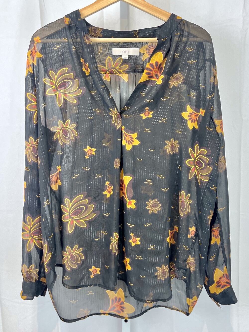 LOFT Sheer Floral Shimmer Stripe Blouse Long Sleeve Popover Top Gray Multi L